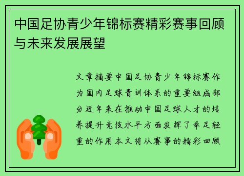 中国足协青少年锦标赛精彩赛事回顾与未来发展展望