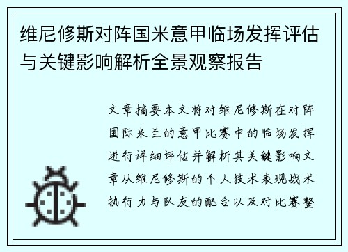 维尼修斯对阵国米意甲临场发挥评估与关键影响解析全景观察报告